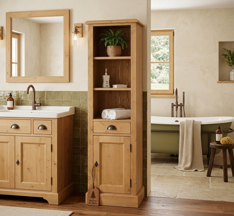 Colonne de salle de bain en pin massif finition Ciré miel clair avec étagères et tiroir