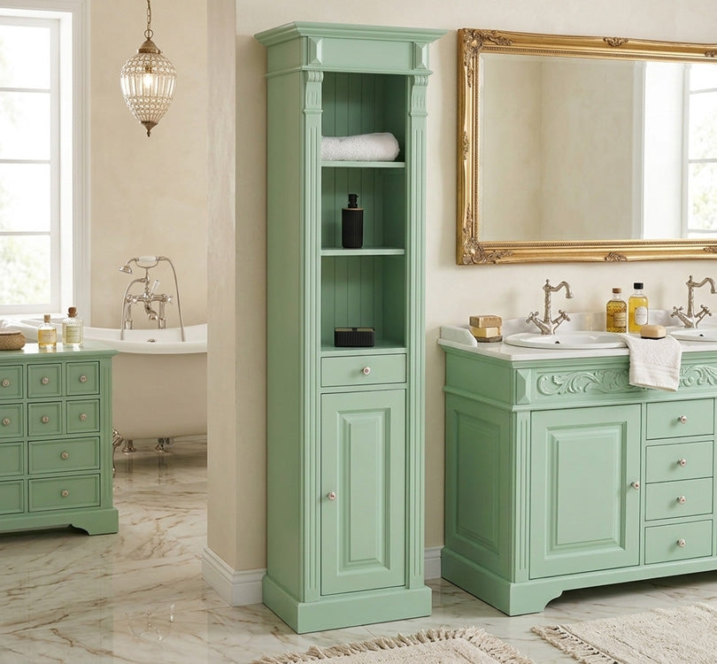 colonne de salle de bain en pin massif style Directoire finition Vert Menthe dans salle de bain