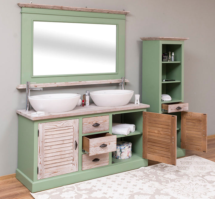 colonne de salle de bain en pin massif portes persiennes finition Vert Amande