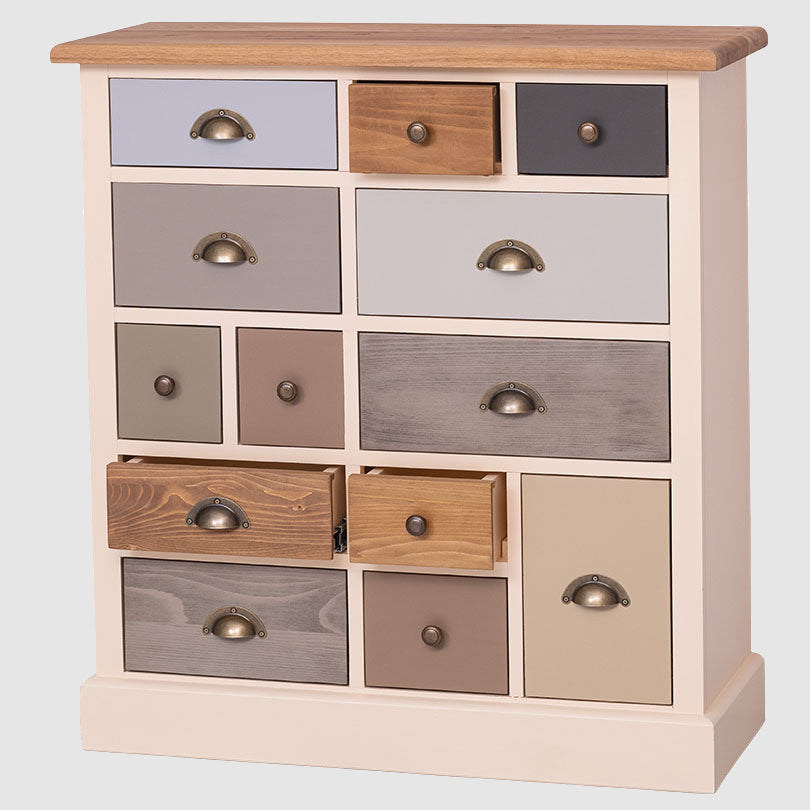 Détail commode 13 tiroirs en pin massif finition Chêne naturel et Beige Clair avec tiroirs multicolores