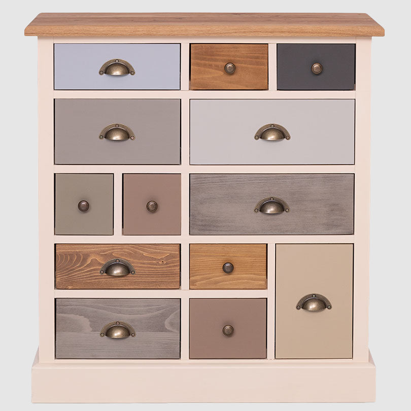 Commode 13 tiroirs en pin massif finition Chêne naturel et Beige Clair avec tiroirs multicolores