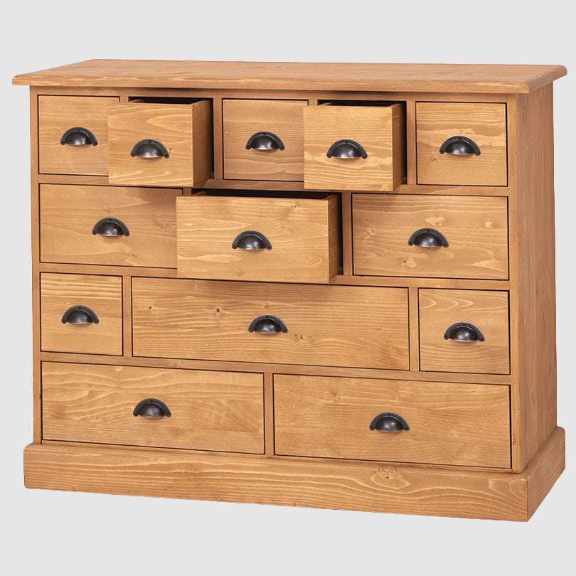 Commode 13 tiroirs en pin massif finition Ciré miel clair
