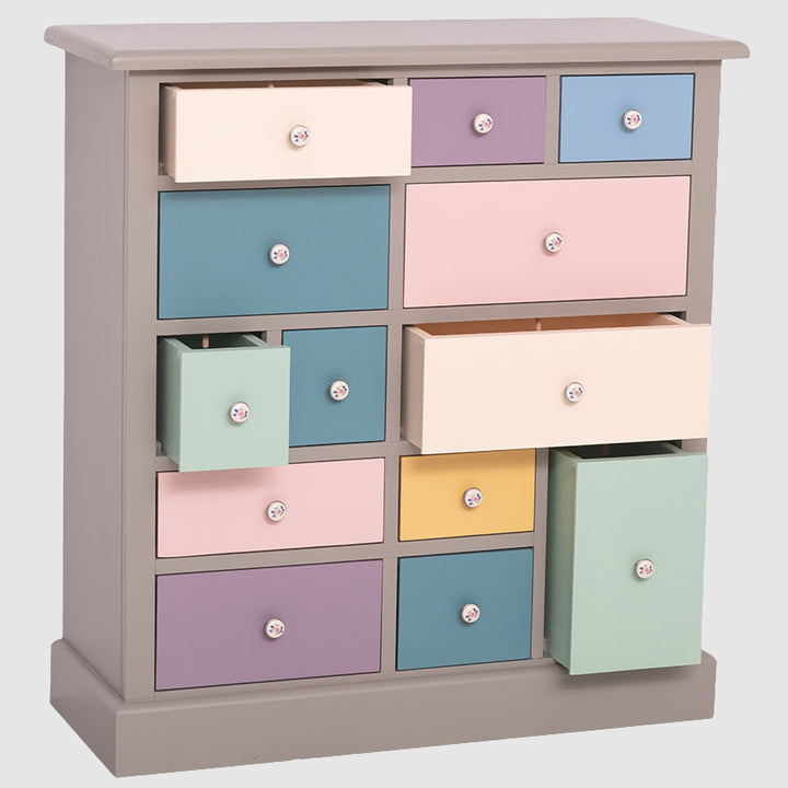 Commode 13 tiroirs en pin massif finition Gris Souris avec tiroirs multicolores