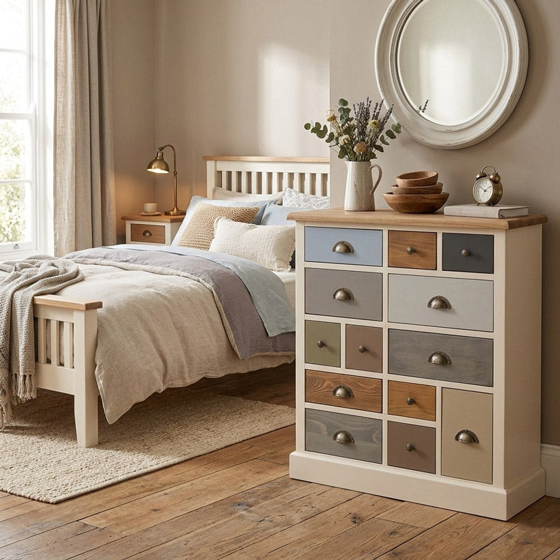 Commode 13 tiroirs en pin massif multicolore mise en situation dans une chambre