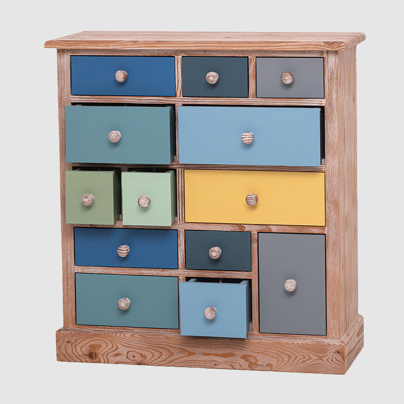 Commode 13 tiroirs en pin massif finition multicolore