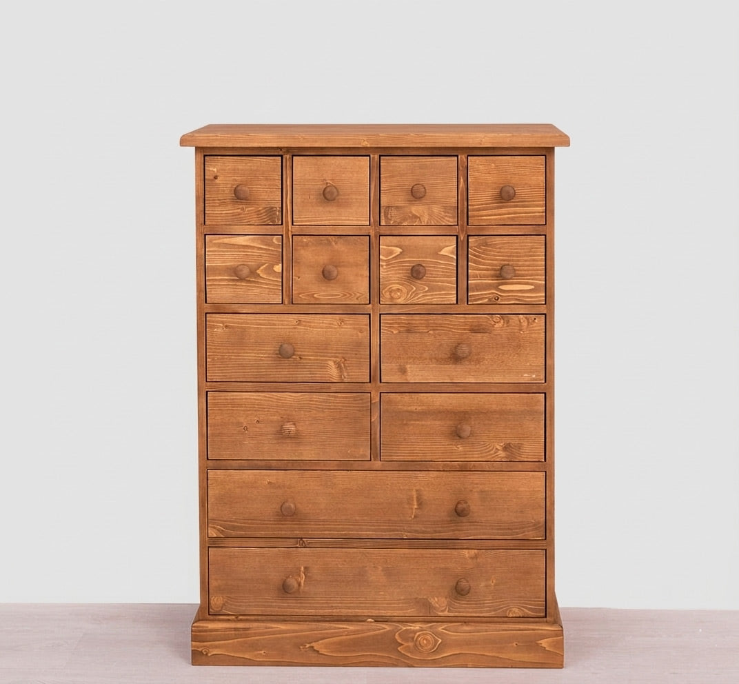 Commode 14 tiroirs en pin massif finition Ciré foncé avec tiroirs ouverts