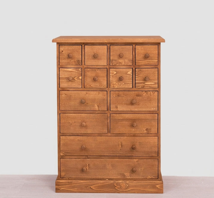 Commode 14 tiroirs en pin massif finition Ciré foncé avec tiroirs ouverts