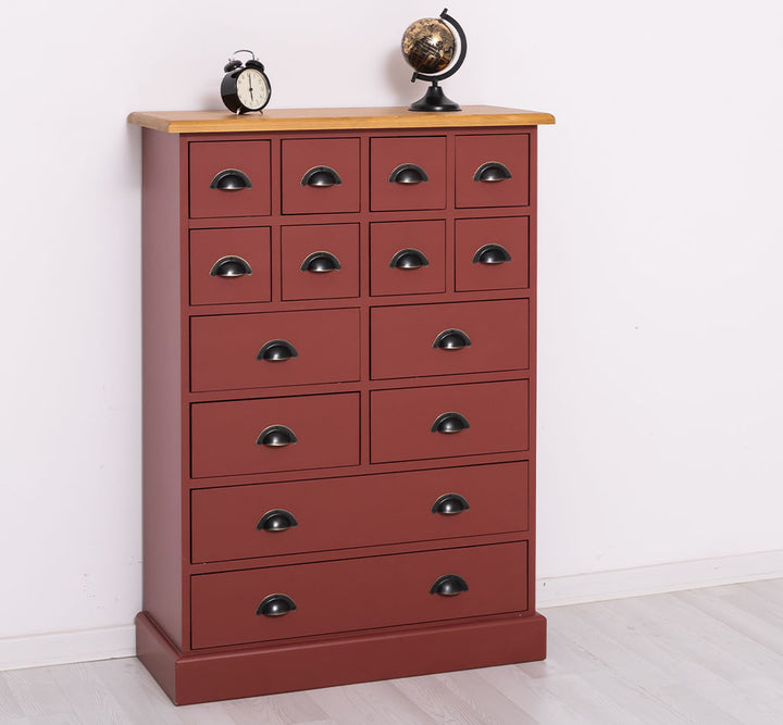 Commode 14 tiroirs en pin massif finition Teinté miel et Rouge Foncé