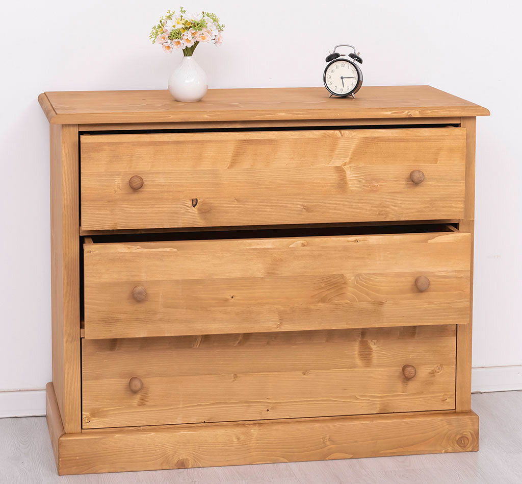Commode 3 tiroirs en pin massif finition Ciré miel clair tiroir ouvert