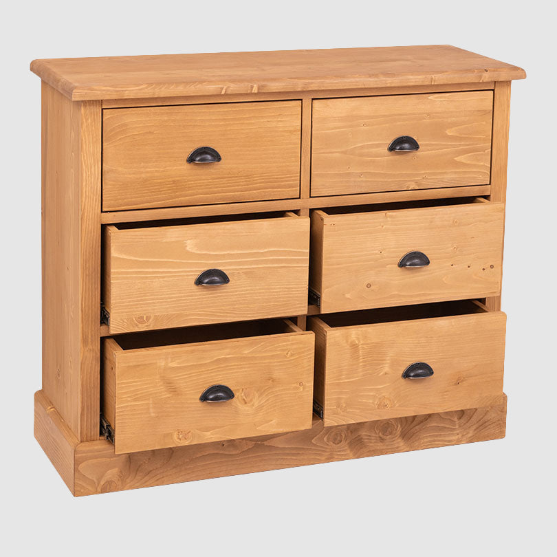 Commode 6 tiroirs en pin massif finition Ciré miel clair tiroirs ouverts