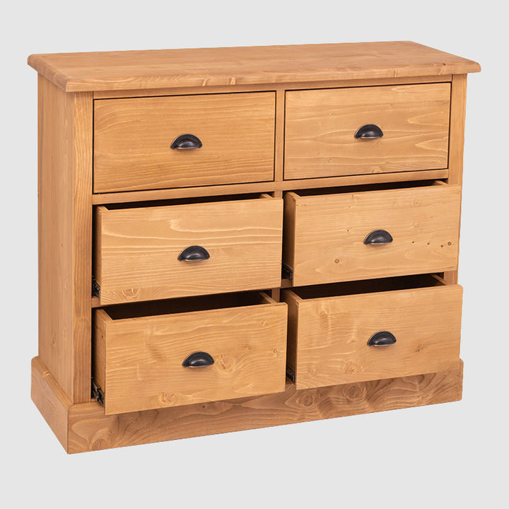 Commode 6 tiroirs en pin massif finition Ciré miel clair tiroirs ouverts