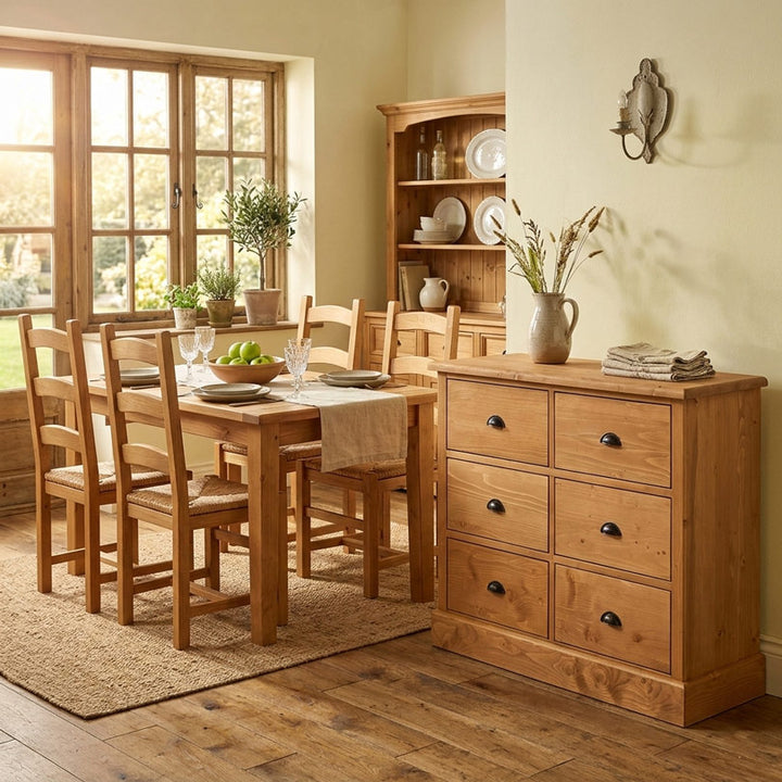 Commode 6 tiroirs en pin massif finition Ciré miel clair