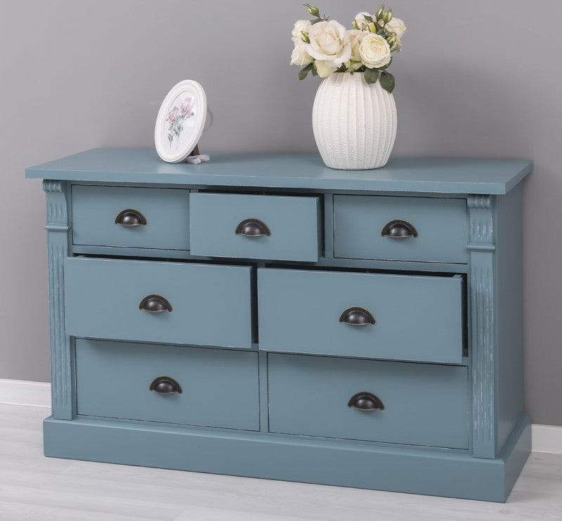 Commode en pin massif bleu canard avec tiroirs ouverts