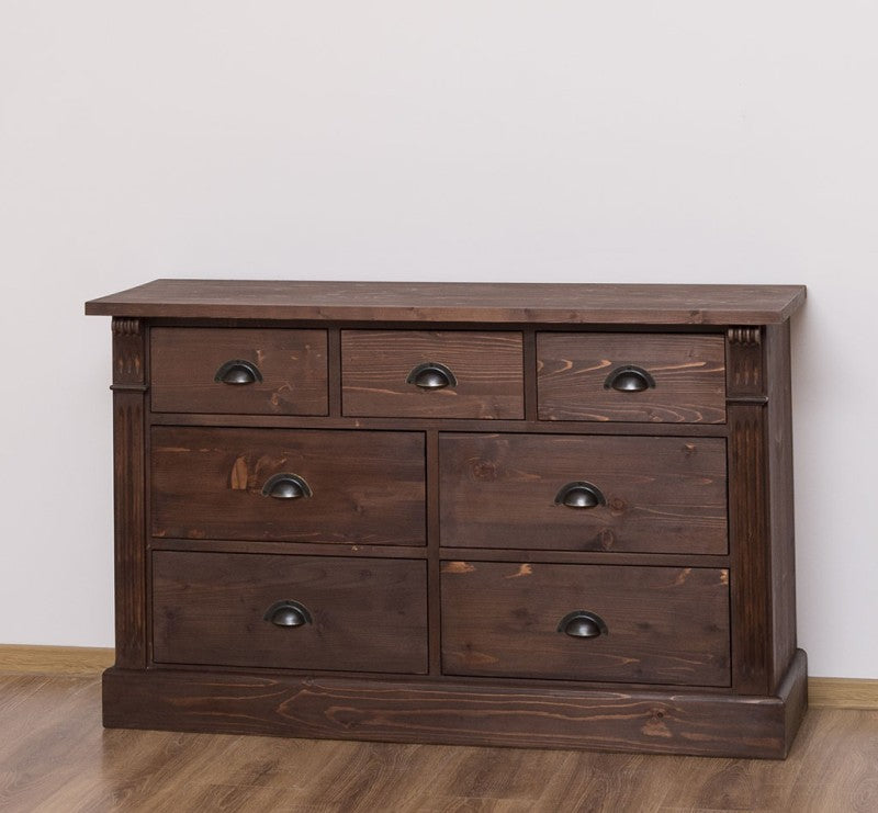 commode en pin massif finition laquée brun acajou