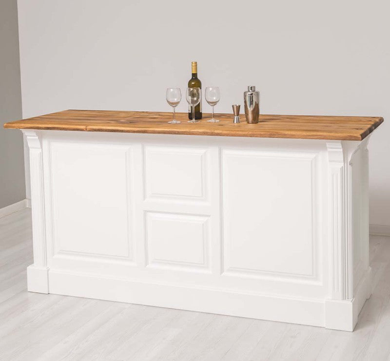 Comptoir en pin massif finition blanc neige avec rangements ouverts et plateau en zinc