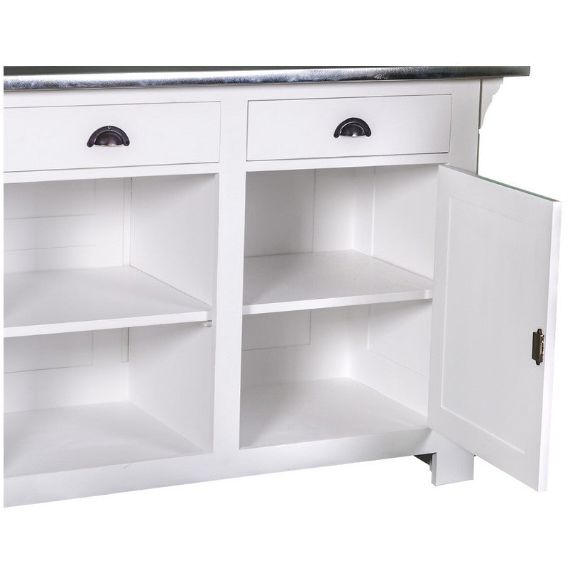 Comptoir en pin massif finition blanc neige avec rangements ouverts et plateau en zinc