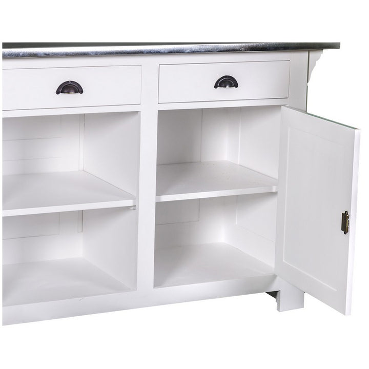 Comptoir en pin massif finition blanc neige avec rangements ouverts et plateau en zinc