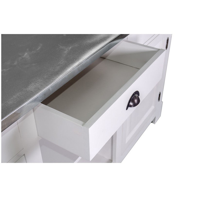 Comptoir en pin massif finition blanc neige avec tiroir ouvert et plateau en zinc