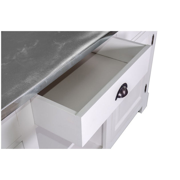 Comptoir en pin massif finition blanc neige avec tiroir ouvert et plateau en zinc