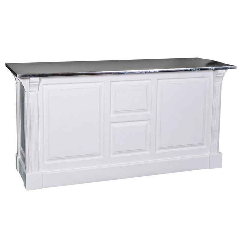 Vue arrière d’un comptoir en pin massif finition blanc avec plateau en zinc