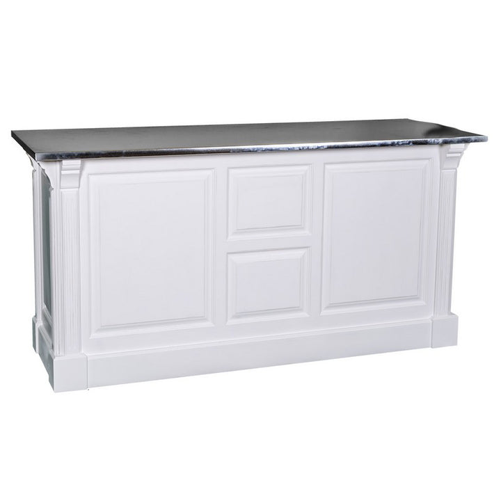 Vue arrière d’un comptoir en pin massif finition blanc avec plateau en zinc