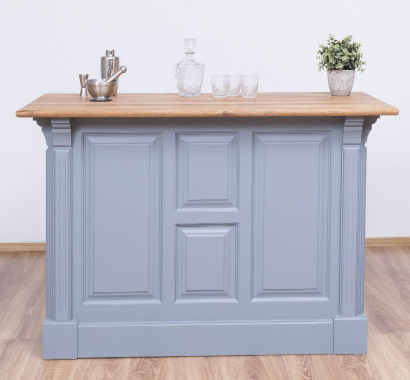 Dos de comptoir en pin massif finition bleu ardoise avec panneaux moulurés