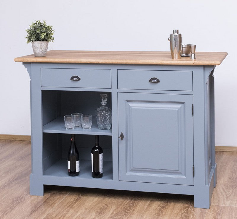 Comptoir en pin massif finition bleu ardoise avec rangements et plateau en chêne