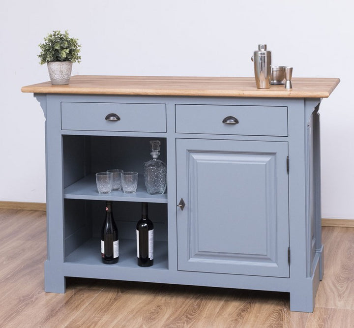 Comptoir en pin massif finition bleu ardoise avec rangements et plateau en chêne