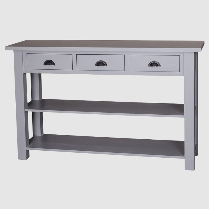console en pin massif avec tiroirs finition gris vue de face