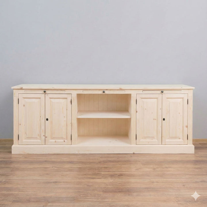 enfilade en pin massif finition brute naturelle avec quatre portes et niche centrale ouverte