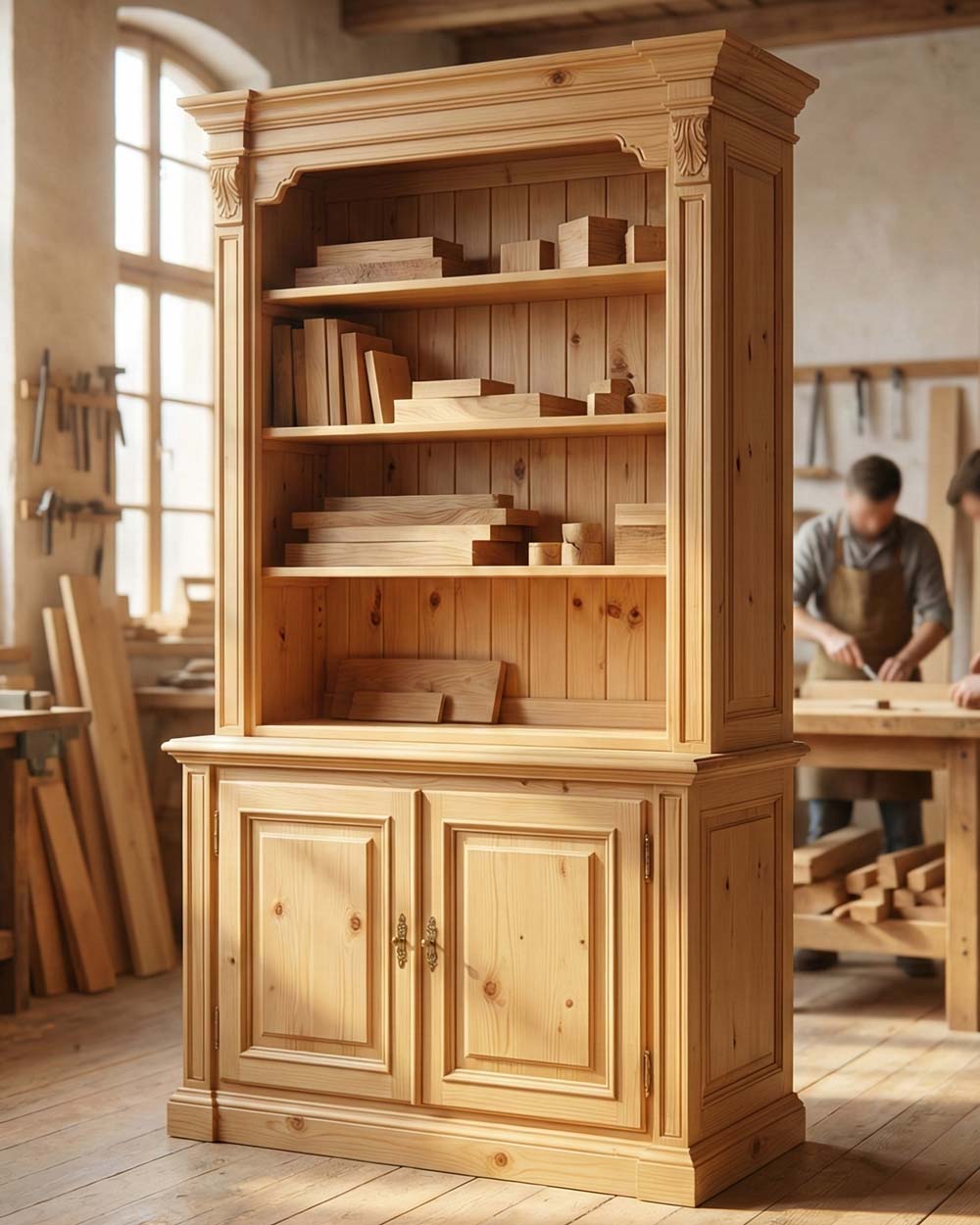 meuble en pin massif dans un atelier de menuiserie