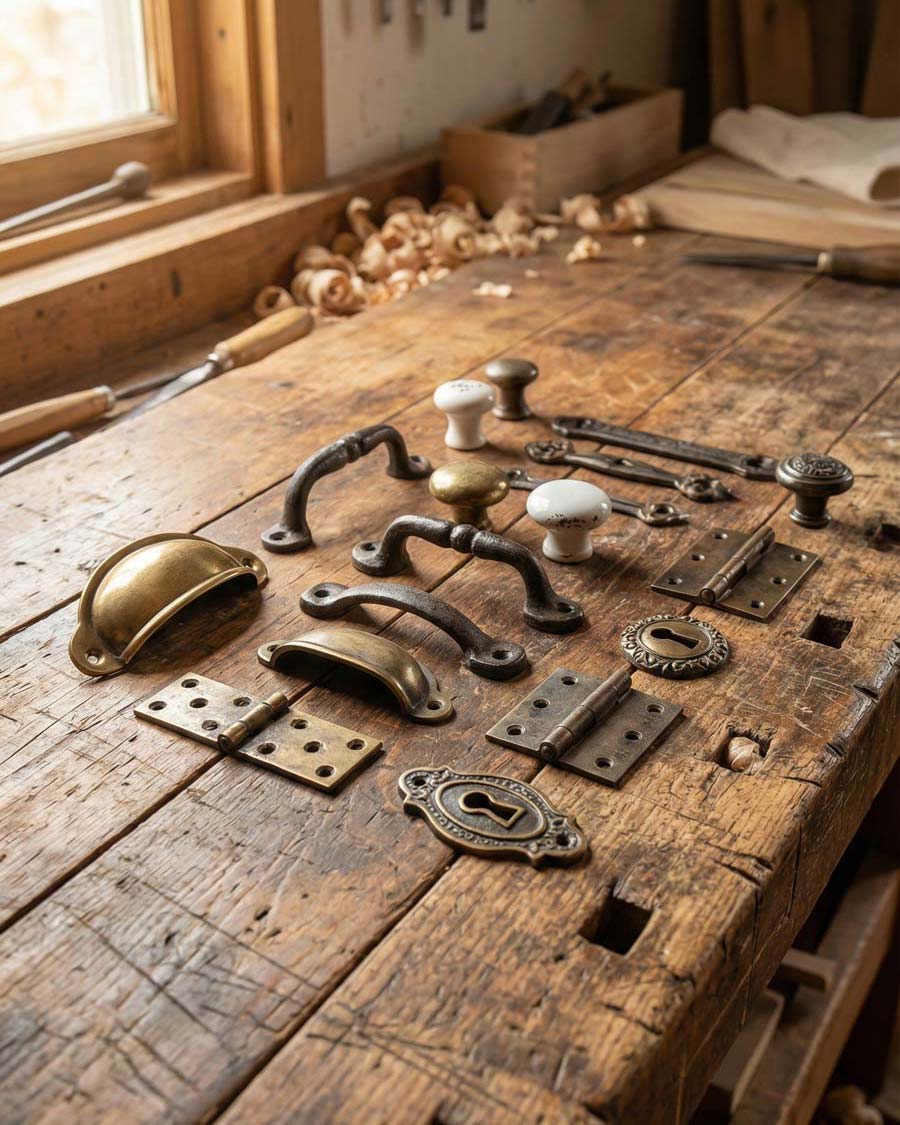Outils et poignées de quincaillerie en atelier de menuiserie