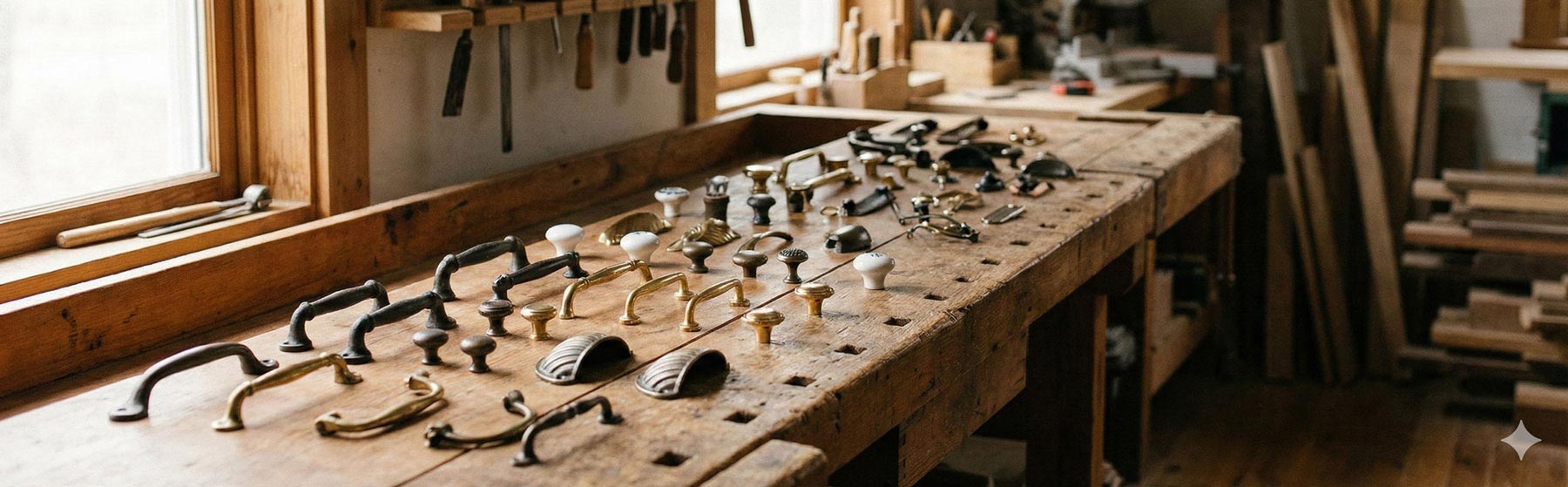 Sélection de poignées et boutons de quincaillerie posés sur un établi en bois massif dans un atelier