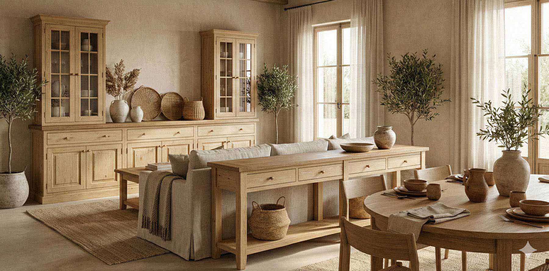 Séjour en pin massif avec buffet, vitrine et table – mobilier artisanal