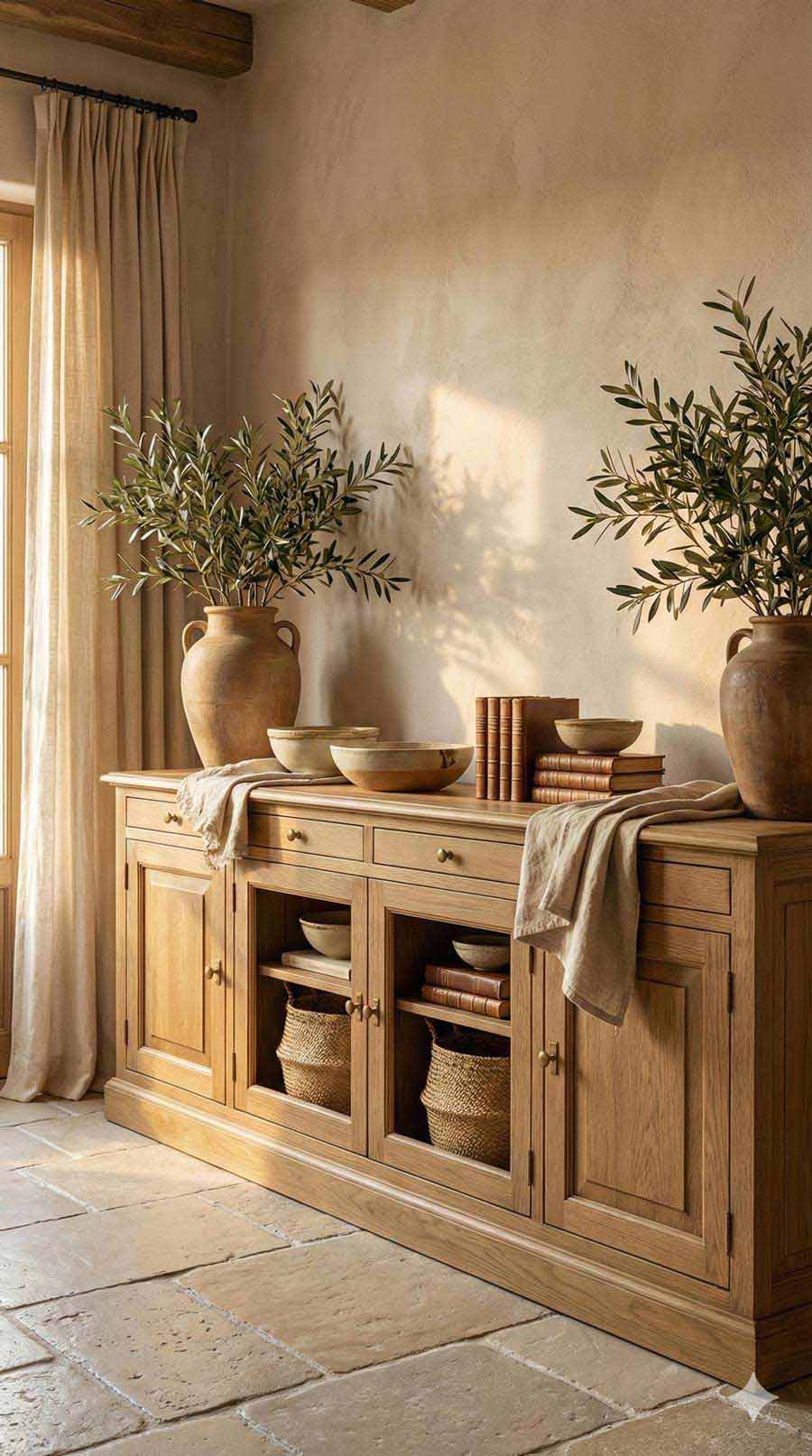 Séjour en pin massif avec buffet, vitrine et table – mobilier artisanal