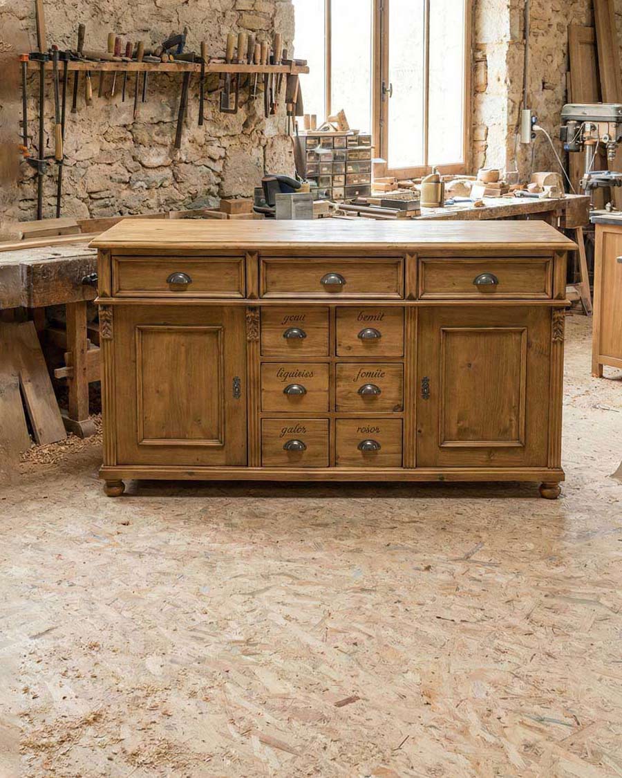 Comptoir en pin massif finition vieux bois dans un atelier de menuiserie