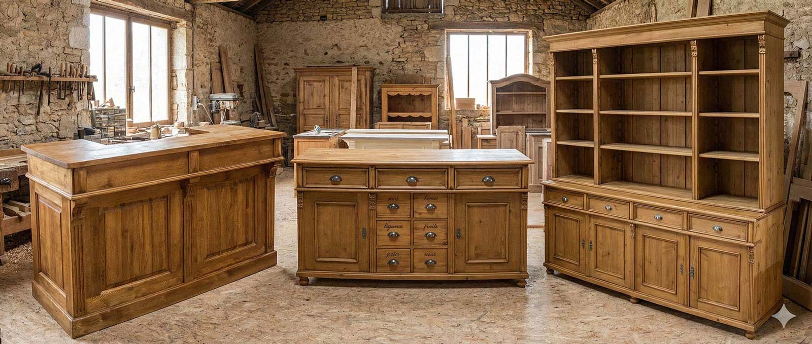 Comptoir en pin massif finition vieux bois dans un atelier de menuiserie