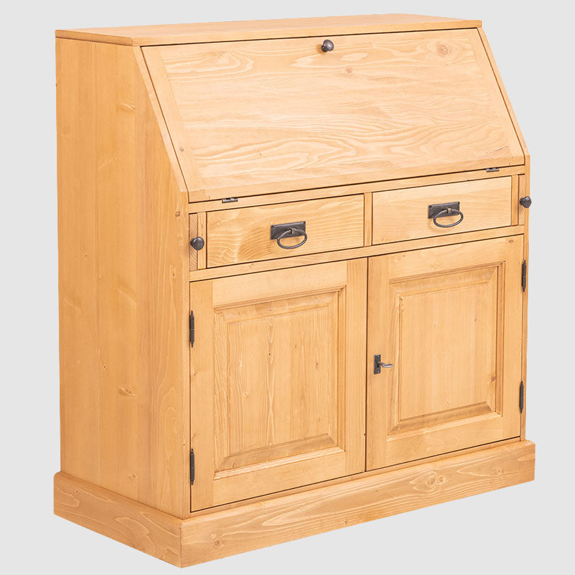 Secrétaire à abattant en pin massif avec 8 tiroirs et 2 portes, largeur 104 cm.
