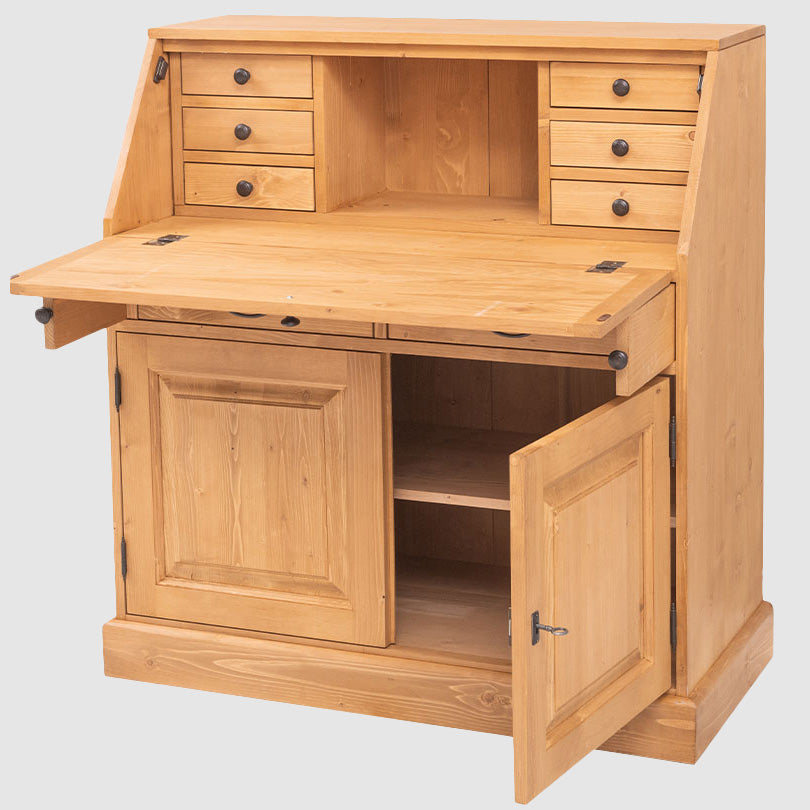 Secrétaire à abattant en pin massif avec surface d’écriture ouverte.
