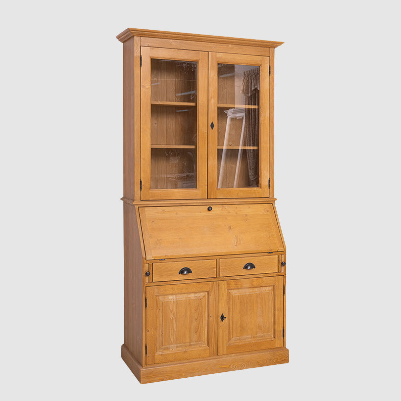 Secrétaire à abattant en pin massif finition ciré miel clair avec vitrine 2 portes vitrées, largeur 110 cm.
