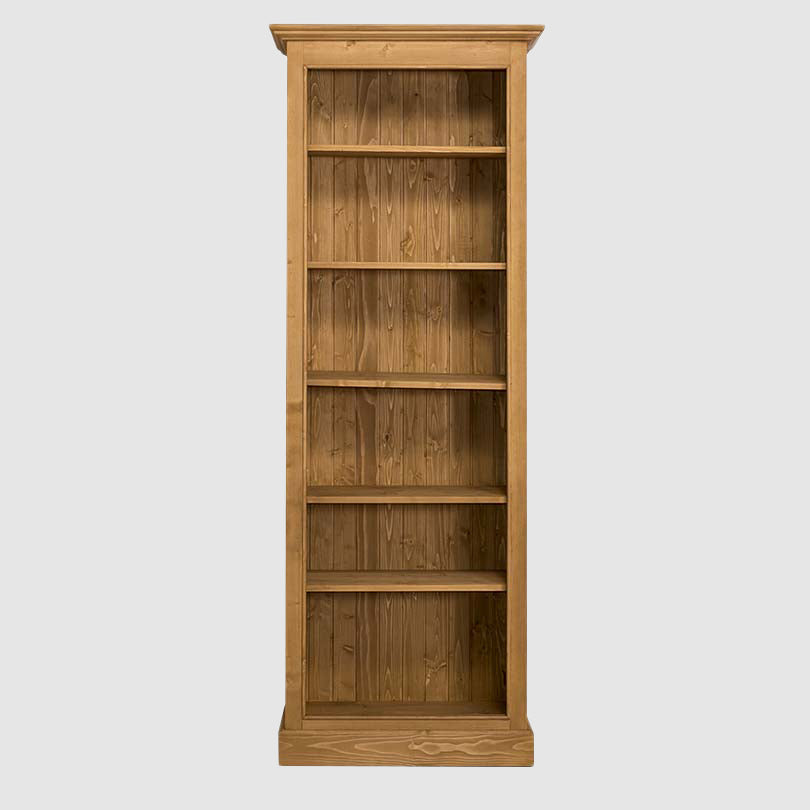 bibliotheque ouverte en pin massif montrant la partie haute avec etageres vue de face