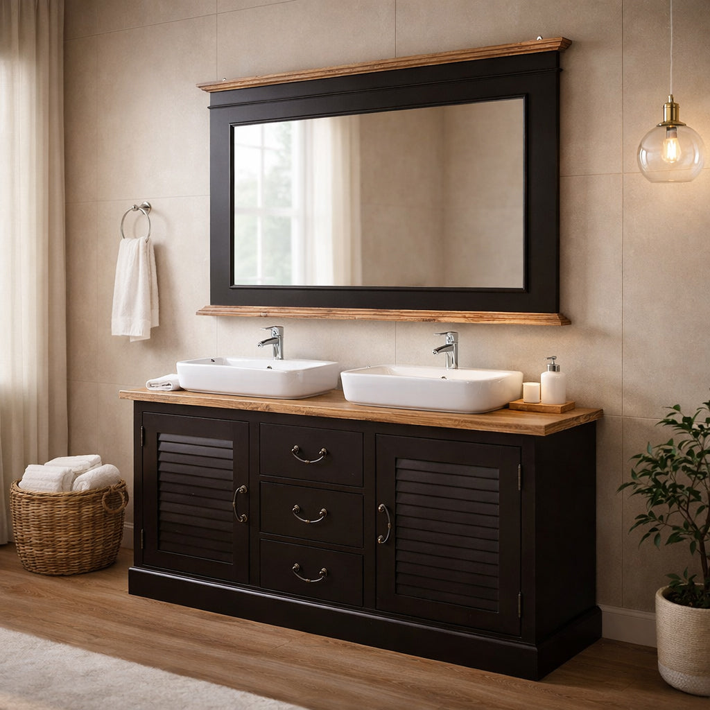 Miroir en pin massif bicolore noir et bois naturel au-dessus d&