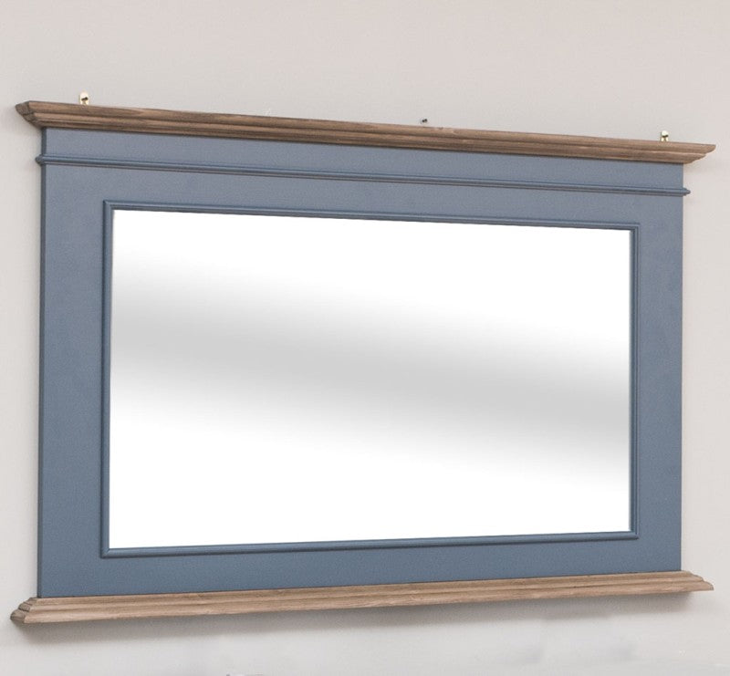Miroir de salle de bain en pin massif cadre bleu-gris et tablette bois naturel