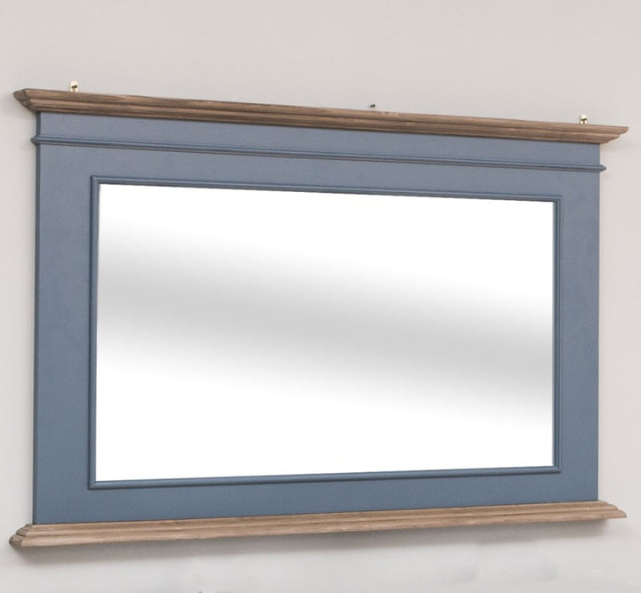 Miroir de salle de bain en pin massif cadre bleu-gris et tablette bois naturel