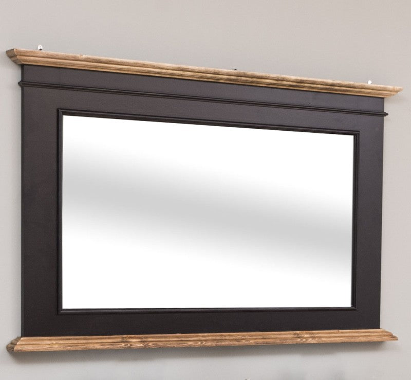 Miroir de salle de bain en pin massif cadre noir et tablette bois brut