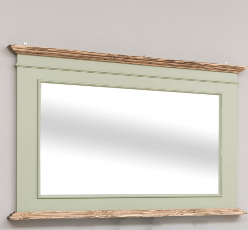 Miroir de salle de bain en pin massif cadre vert sauge et tablette bois naturel