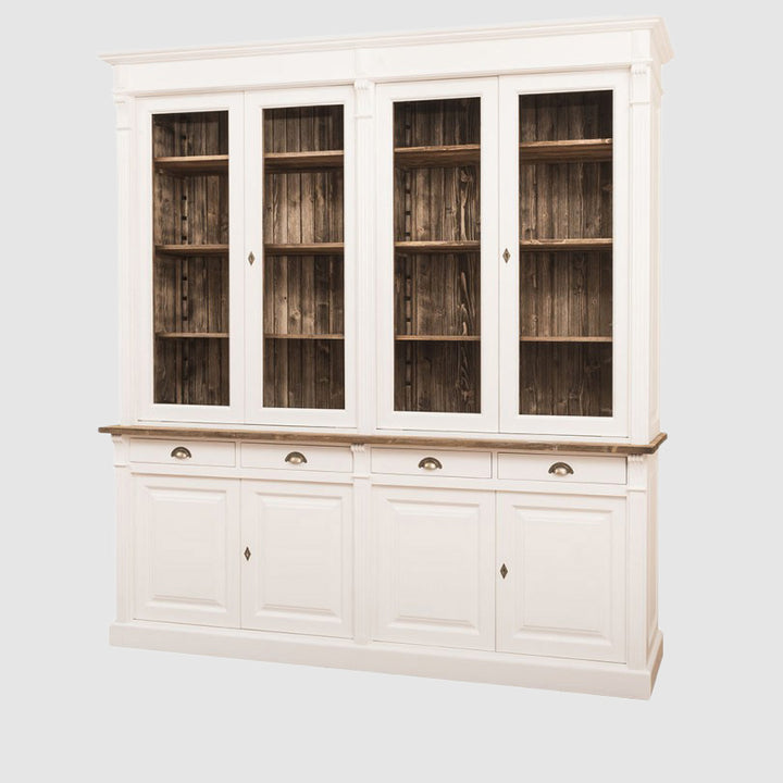 Bibliothèque en pin massif 223 cm avec quatre portes vitrées en partie haute, tiroirs et portes pleines en partie basse