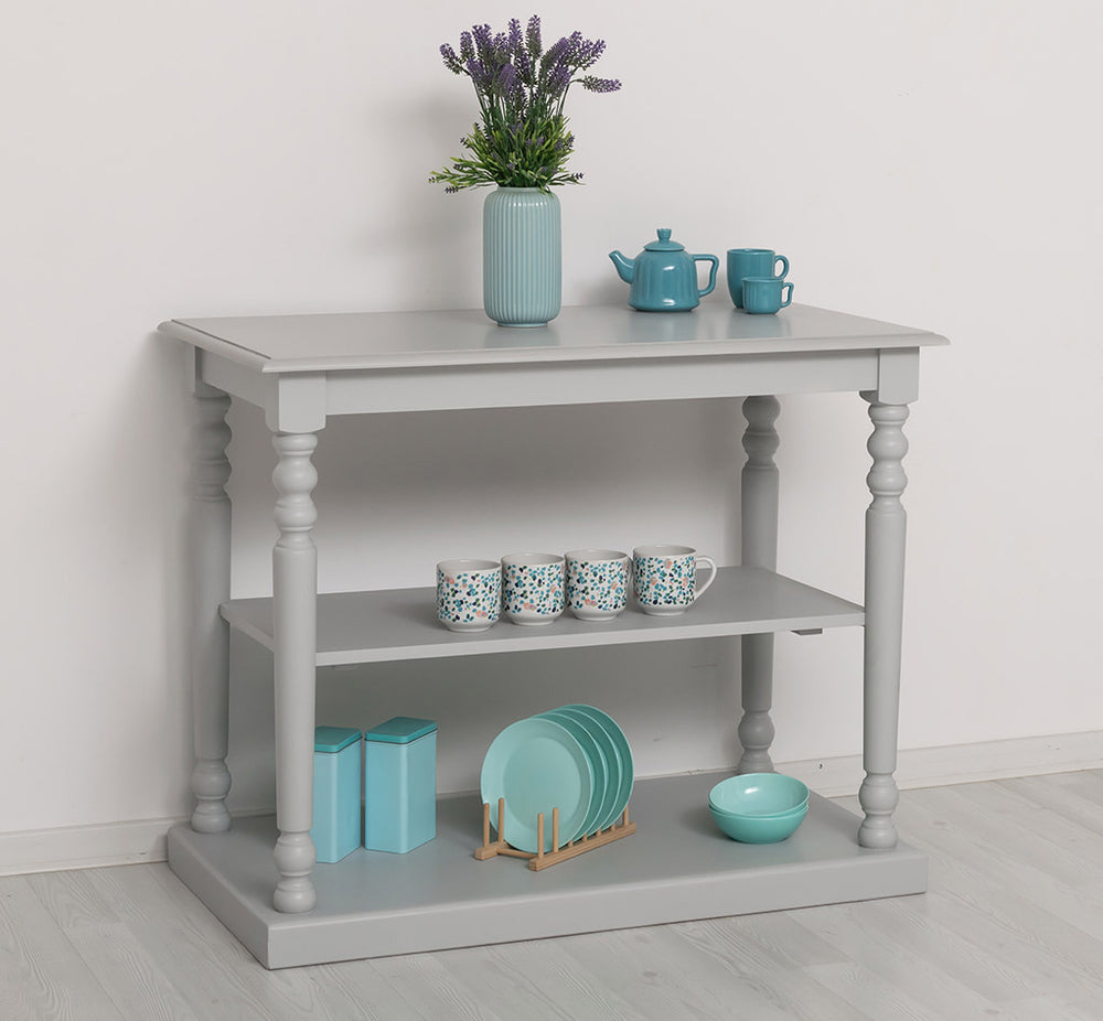 Console en pin massif avec pieds tournés et étagère.