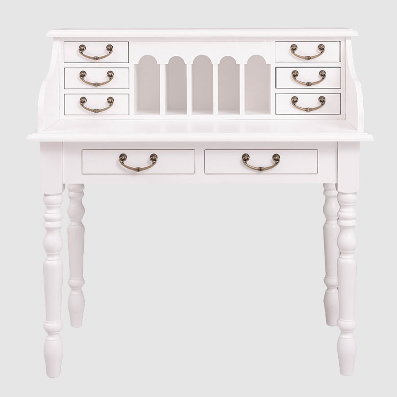 Bureau bonheur du jour en pin massif avec 8 tiroirs et casier à gradins, largeur 109 cm.
