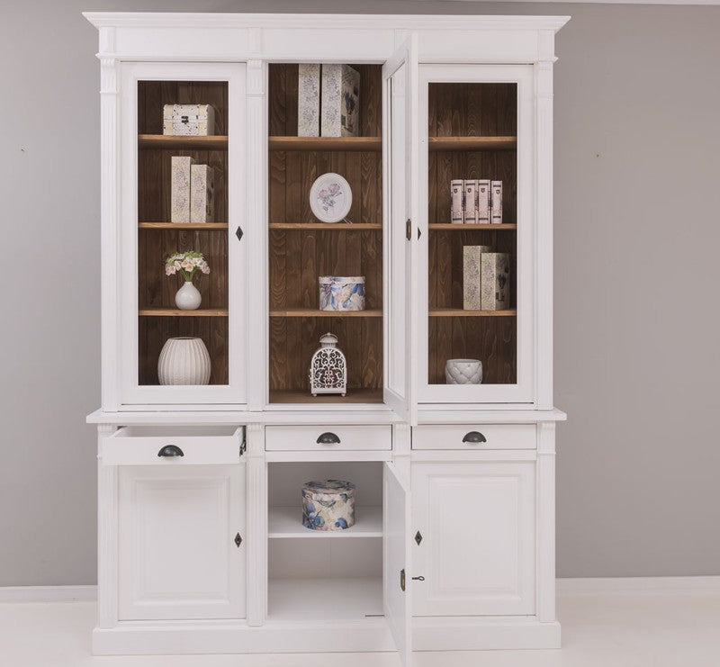 Bibliothèque en pin massif style Directoire avec porte vitrée et porte basse ouvertes et tiroir central ouvert